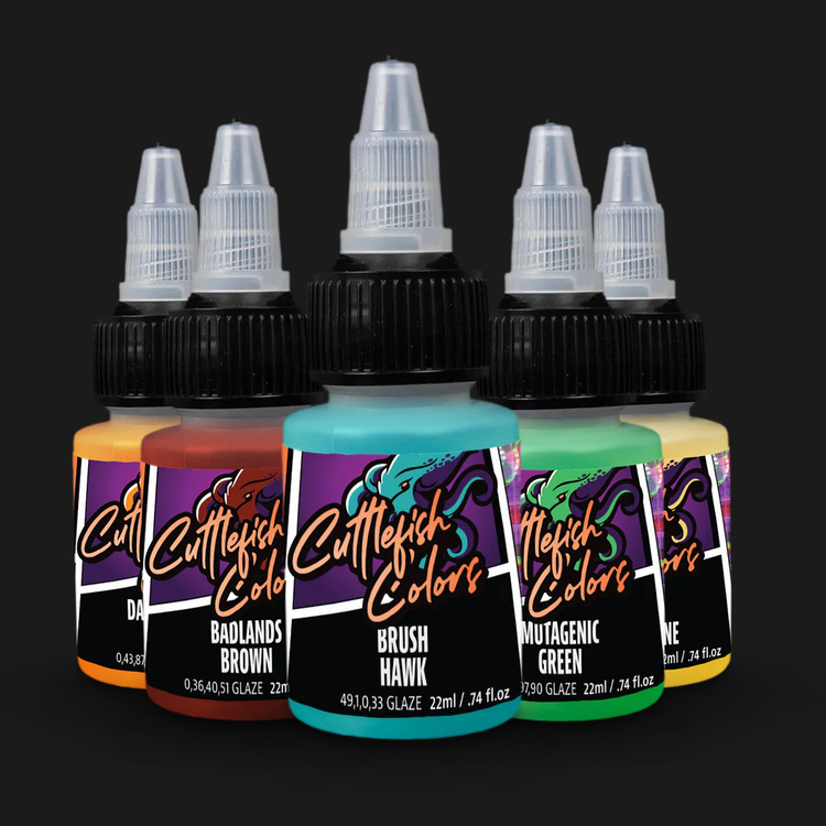 Group photo of Cuttlefish Colors Sketch & Glaze paints including Badlands Brown, Brush Hawk, and Mutagenic Green