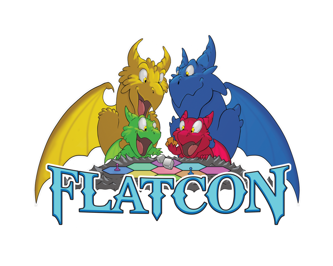 Four colorful dragons above the word FLATCON