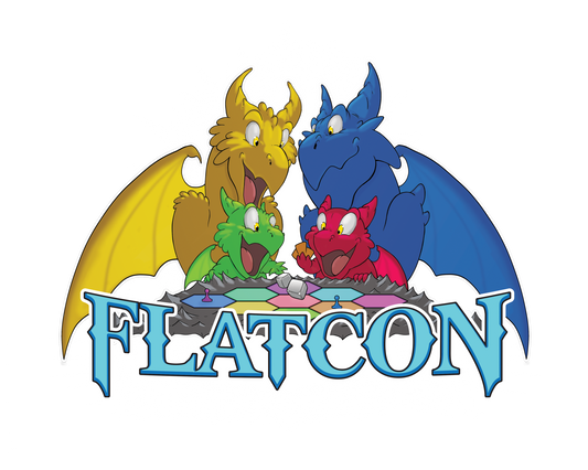 Four colorful dragons above the word FLATCON
