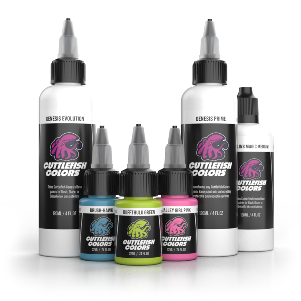 Collection of Cuttlefish Colors paint bottles on a white background